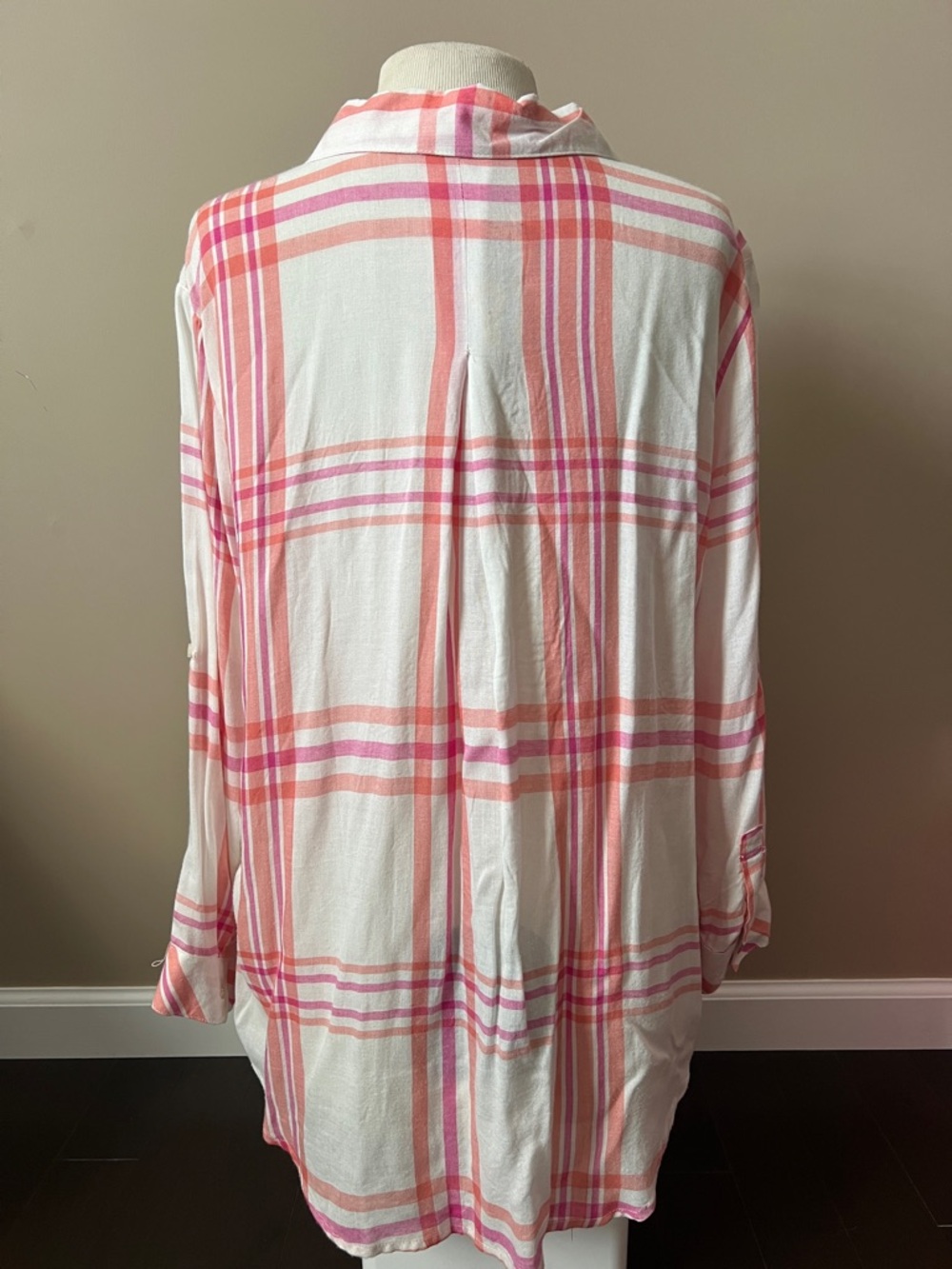 Womens Lightweight Pink & Coral Plaid Button-Up Shirt Sz L - Picture 4 of 9